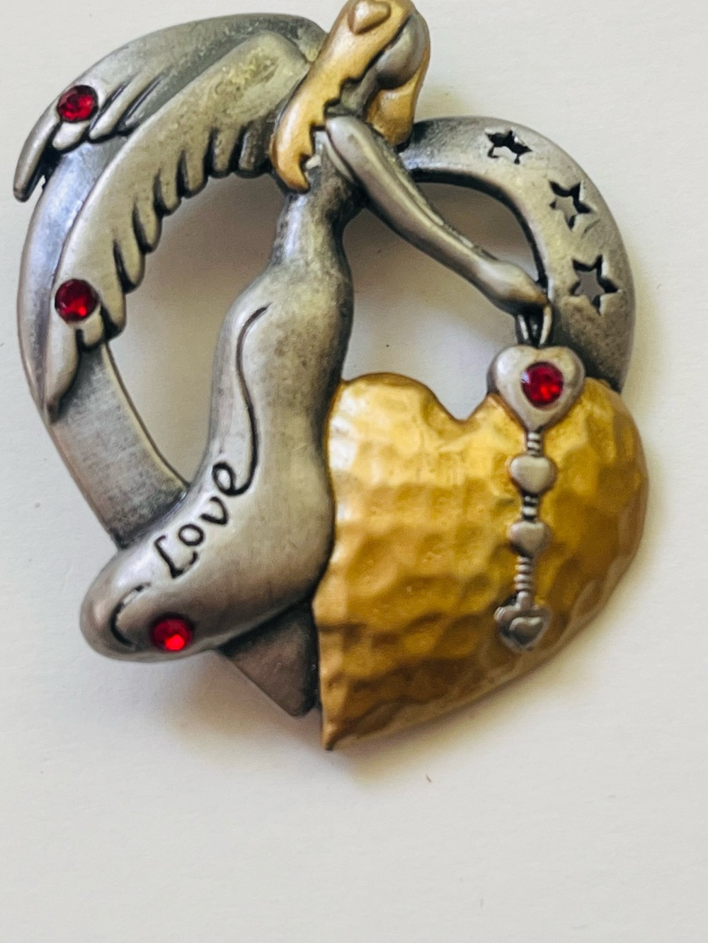 Heart & Dove Love Brooch with Gold Heart and Red Accents
